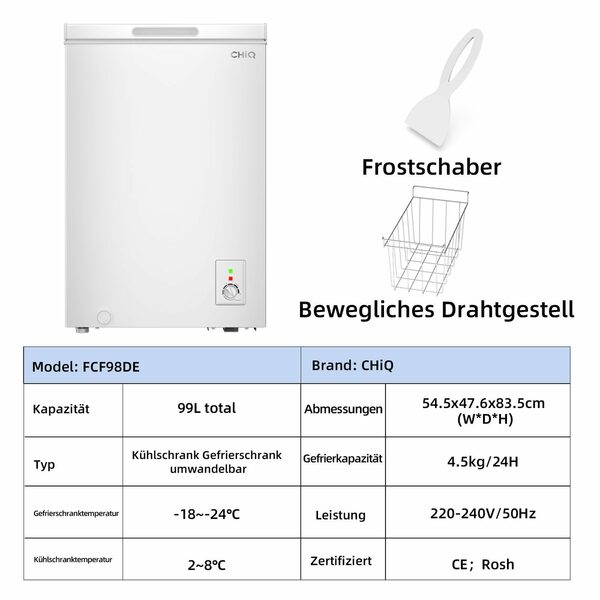 Bild 2 von CHiQ Gefriertruhe FCF98DE, 55 cm breit, 99 l, Starke Gefrierleistung,12 Jahre Garantie auf den Kompressor