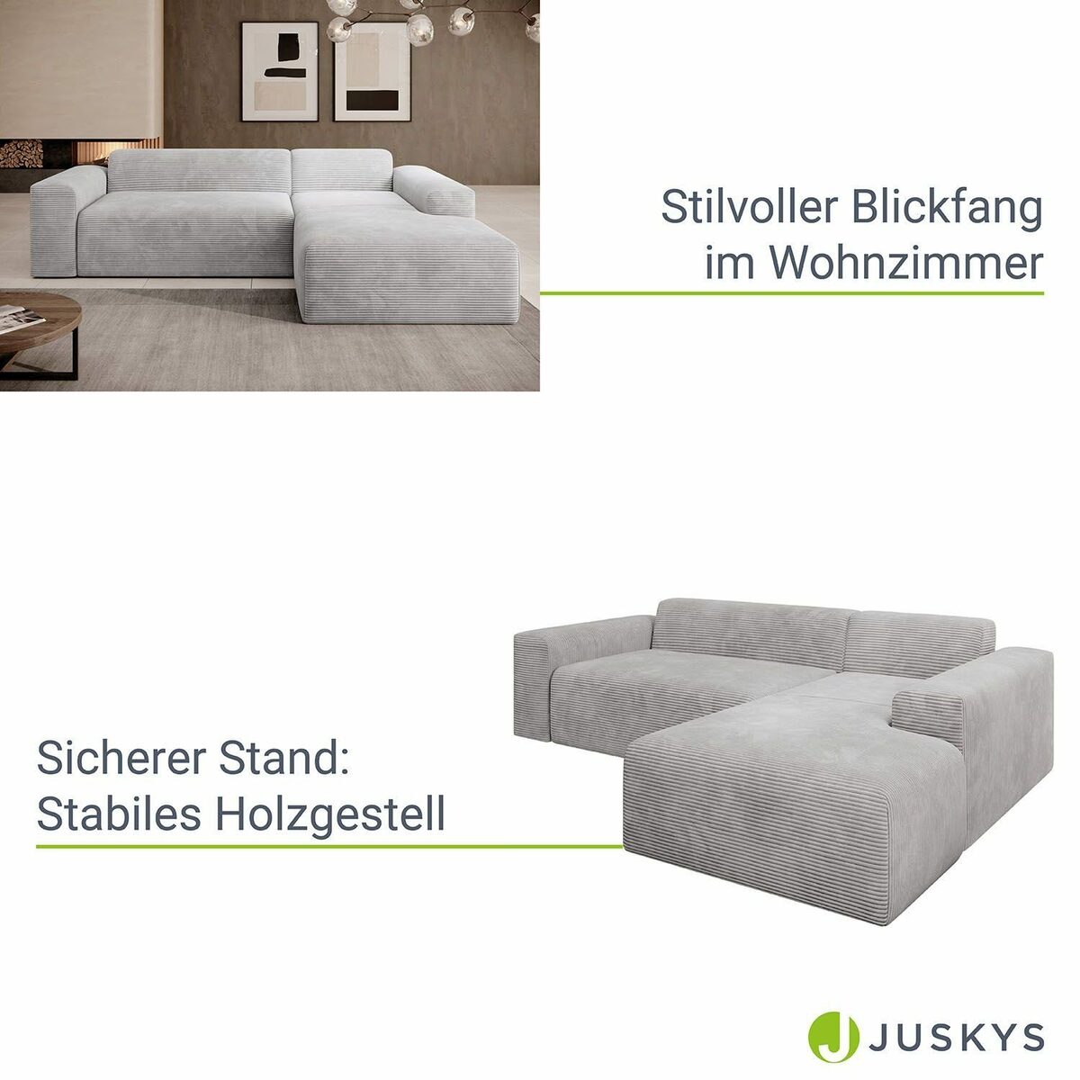 Bild 4 von Juskys Ecksofa Vals, modern, L-Form, Stoff, bequem, samtig wie Cord, breiter Sitz