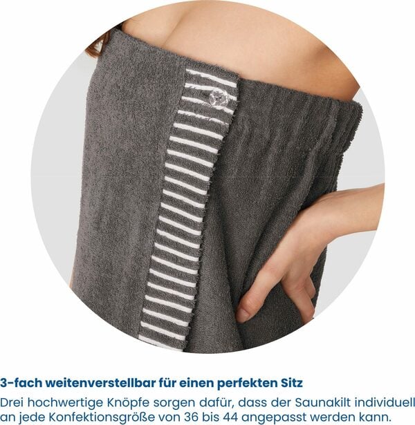 Bild 1 von Schiesser Sarong Saunakilt Rom für Damen aus saugstarkem Baumwoll-Frottier, Kurzform, Frottier, Knöpfe, mit Streifen-Akzent und Logostickerei