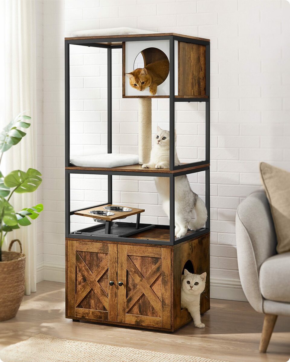 Bild 1 von FEANDREA Kratzbaum, 3-in-1, mit Katzenklo-Schrank, erhöhter Napfständer