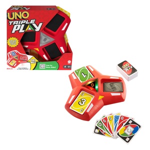 Mattel Games UNO Triple Play Kartenspiel Gesellschaftsspiel Spiel Kartenhalter