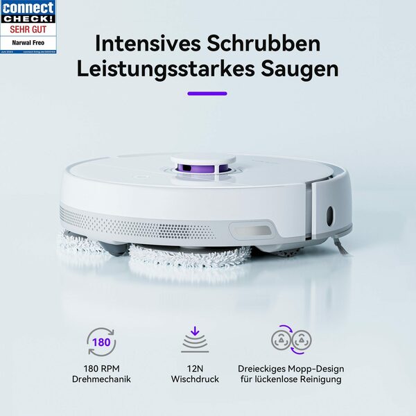 Bild 2 von Narwal Nass-Trocken-Saugroboter Freo DirtSense-Schmutzerkennung, 72,00 W, LCD-Anzeigestation, Smart-Swing Randreinigung, Heißlufttrocknung, 3000pa, APP