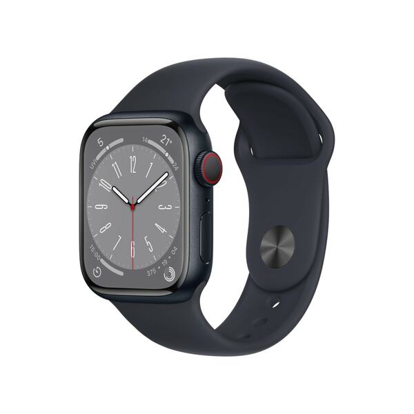 Bild 1 von Watch Series 8 GPS + Cellular 41mm Aluminiumgehäuse Mitternacht mit schwarzem Sportarmband - Regular