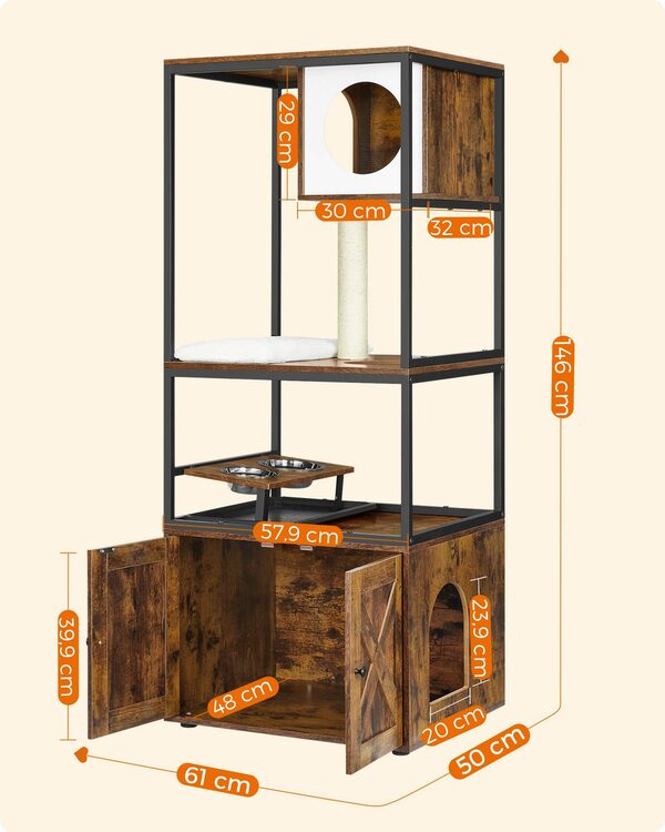 Bild 4 von FEANDREA Kratzbaum, 3-in-1, mit Katzenklo-Schrank, erhöhter Napfständer