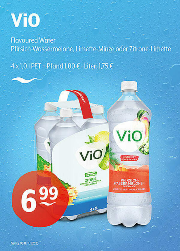 Bild 1 von ViO Flavoured Water
Pfirsich-Wassermelone, Limette-Minze oder Zitrone-Limette