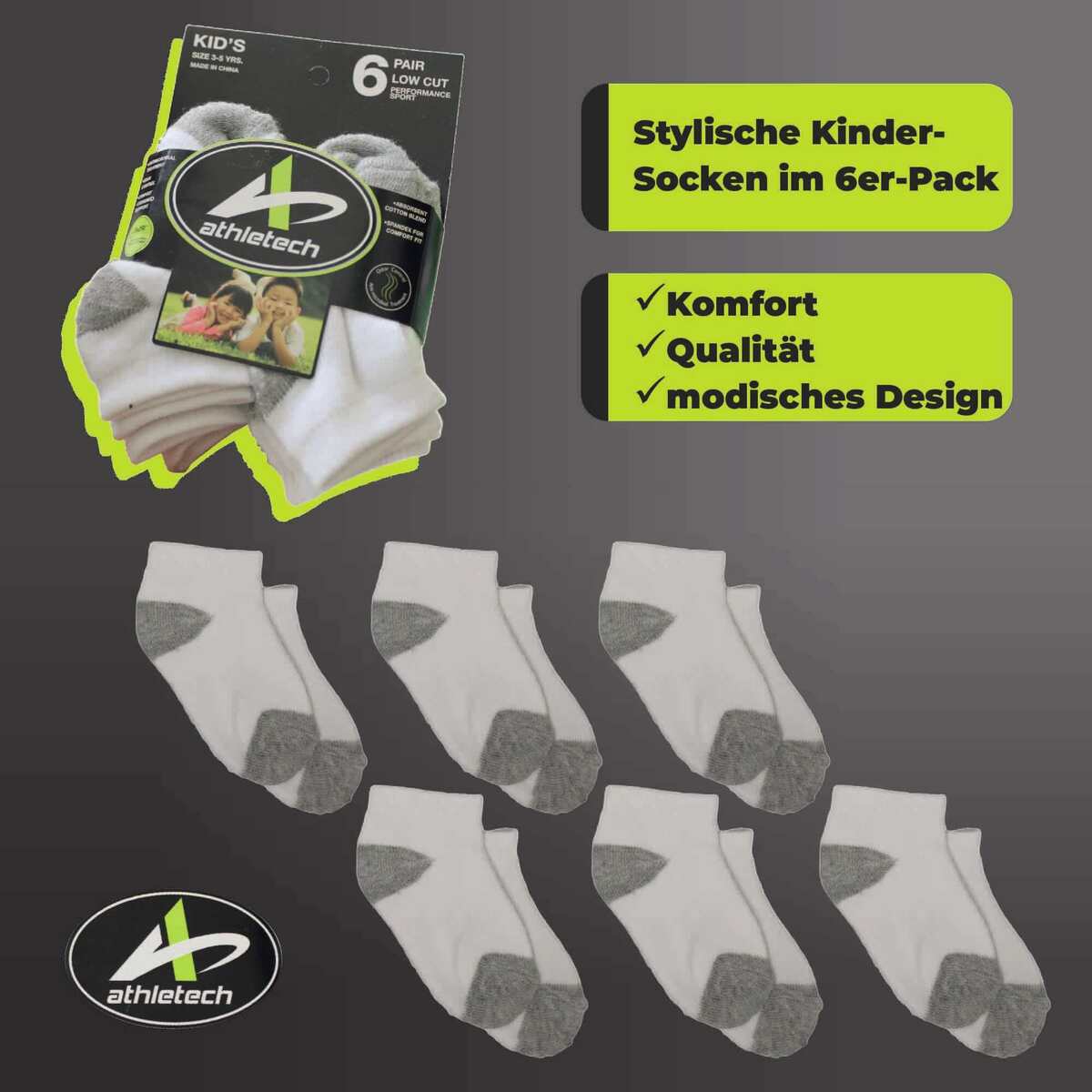 Bild 2 von Athletech 6 Paar Low-Cut-Sportsocken für Kinder 3-5 Jahre bis Gr. 34 grau weiß