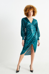 C&A Paillettenkleid mit V-Ausschnitt-glänzend, Grün, Größe: 44