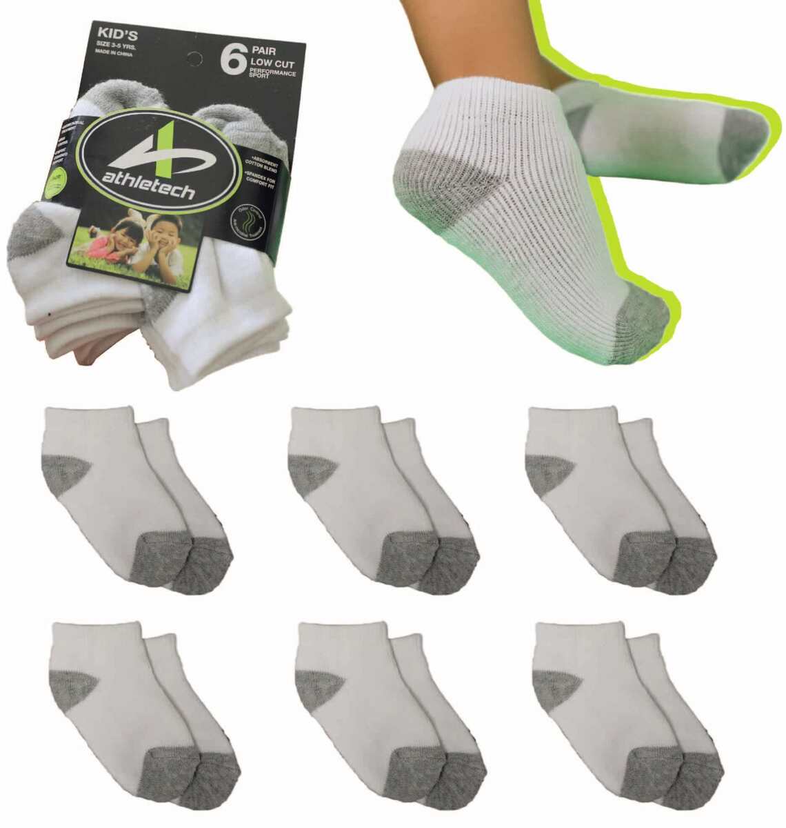 Bild 1 von Athletech 6 Paar Low-Cut-Sportsocken für Kinder 3-5 Jahre bis Gr. 34 grau weiß