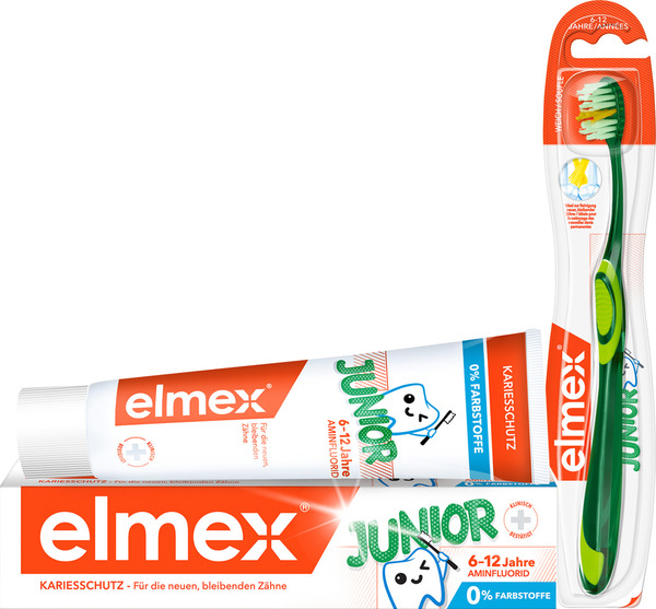 Bild 1 von elmex Junior Zahnbürste Weich + Junior Zahnpasta 6-12 Jahre