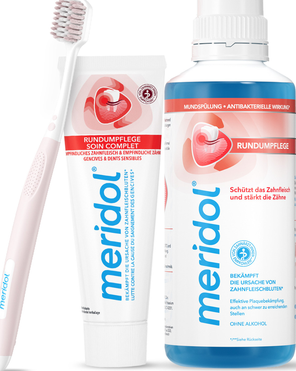 Bild 1 von meridol Zahnbürste Rundumpflege Sanft + Rundumpflege Zahnpasta + Mundspülung Rundumpflege