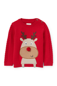 C&A Rudolf-Baby-Weihnachtspullover-Zopfmuster, Rot, Größe: 68