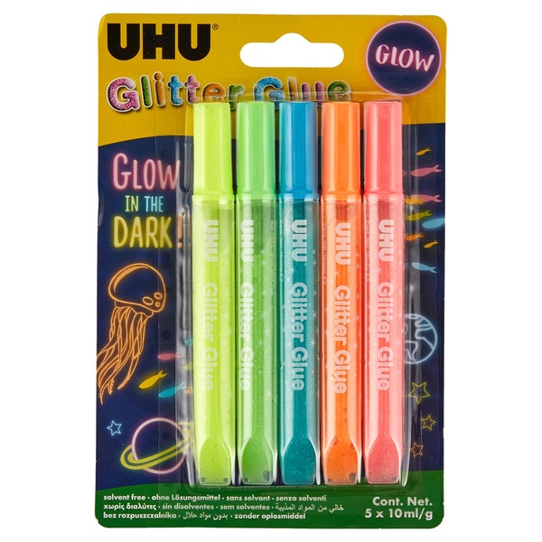 UHU Glitter Glue Set 3 Tubetti Da 10 Ml Ciascuno, Colla Glitter Con Punta Fine Per Decorazioni