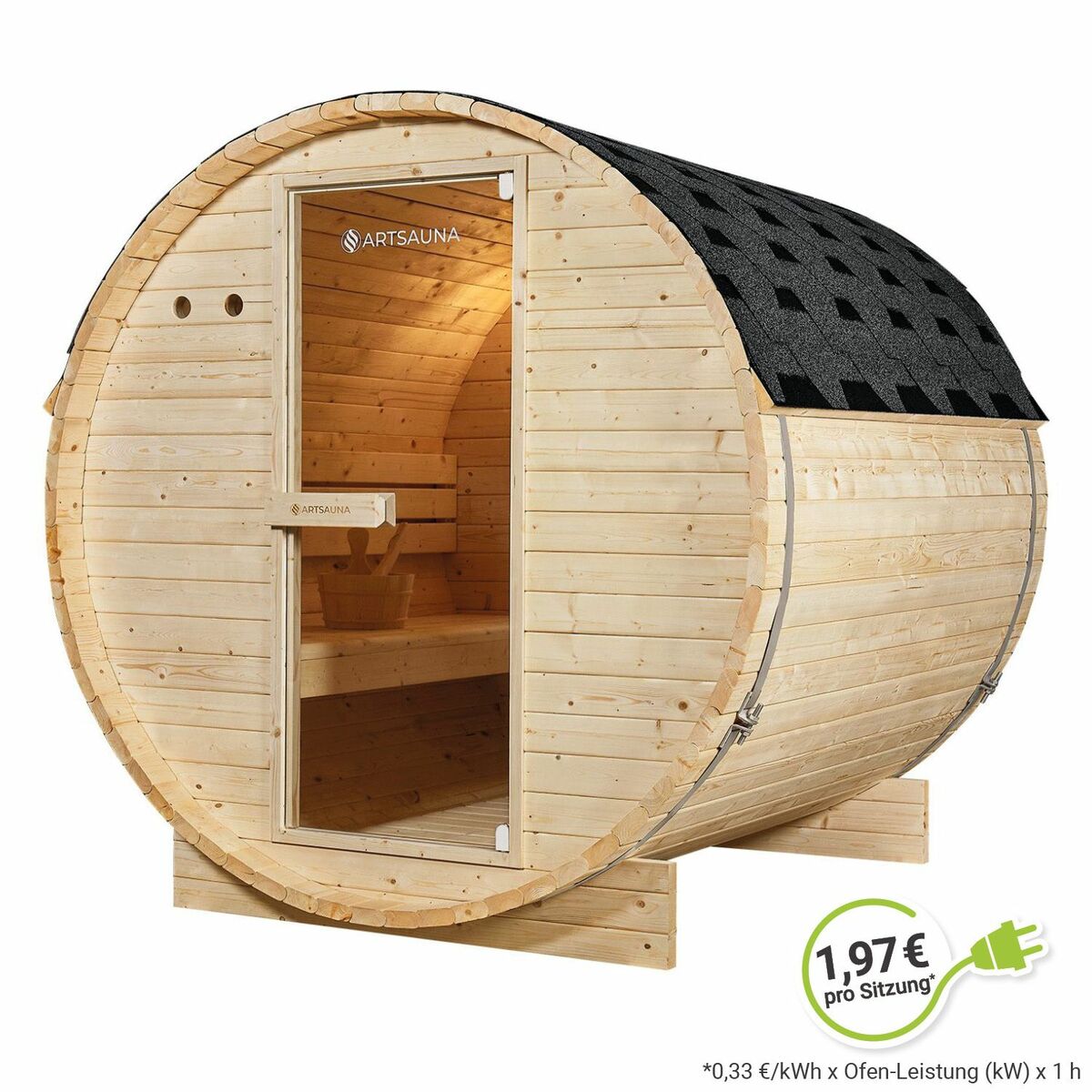 Bild 1 von Artsauna Fasssauna Spitzbergen 180 - 4 Personen, 6 kW Ofen, Zubehör - Fichtenholz Sauna