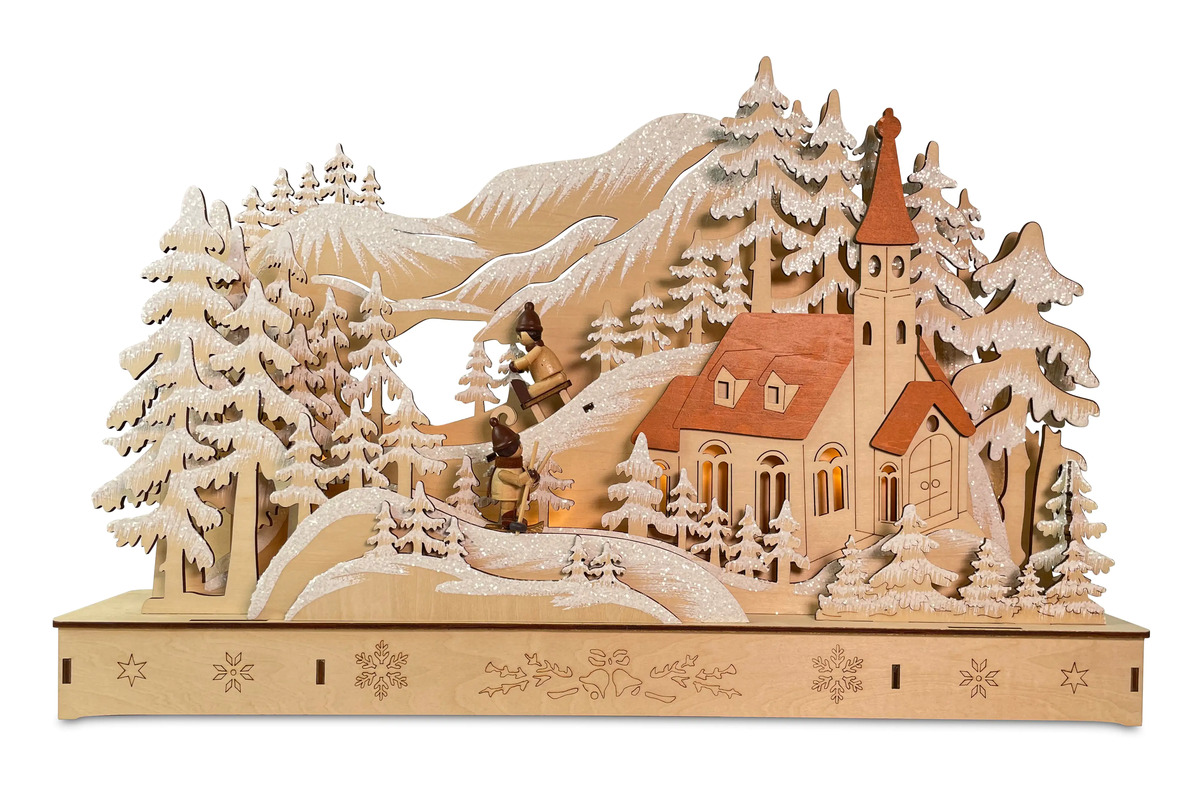 Bild 1 von Riffelmacher Kirche mit Schlittenbahn mit LED aus Holz 44 x 8 x 29 cm