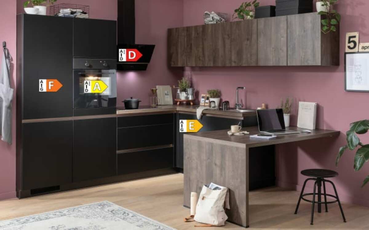 Bild 2 von Einbauküche IP 3150, schwarz/Oregon Nachbildung, inkl. Elektrogeräte