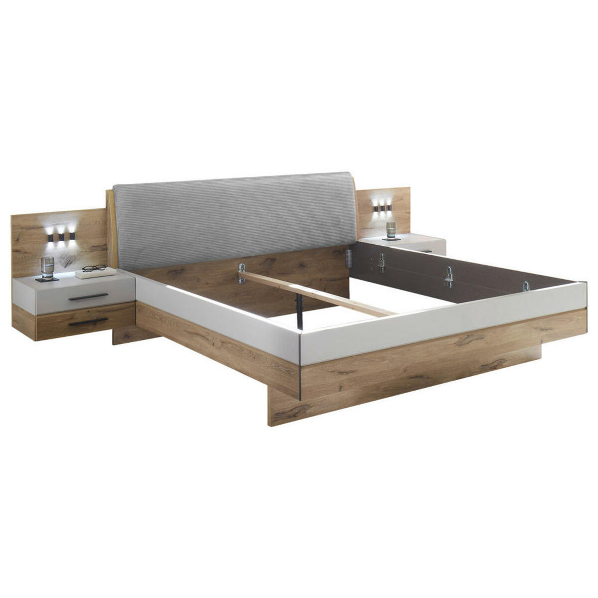 Bild 1 von Venda Bettanlage, Eiche, Hellgrau, 180x200 cm, gepolstertes Kopfteil, Beleuchtung, Lattenrosthöhe individuell einstellbar, für Lattenrost geeignet,Soft-Close-System, Schlafzimmer, Betten