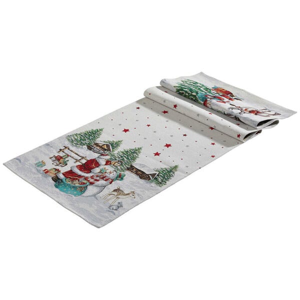 Bild 1 von X-Mas Tischläufer Snowman, Dunkelgrün, Dunkelrosa, Perlmutt, Textil, Weihnachten, rechteckig, 45 cm, bügelleicht, Wohntextilien, Tischwäsche, Tischläufer