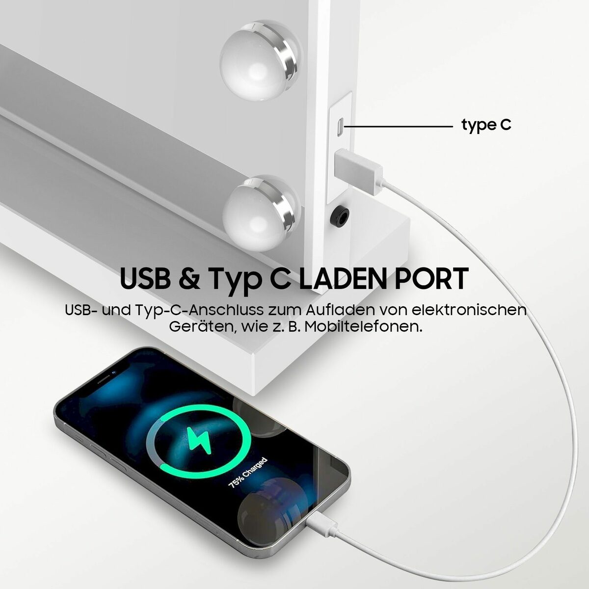 Bild 2 von Aoucheni Schminkspiegel Kosmetikspiegel mit Beleuchtunggroßer Make-up-Spiegel Hollywood (mit 15 dimmbaren Glühbirnen, 3 Farbmodi, Smart Touch Control, Spiegel-Tischplatte mit Plug-in- und USB&