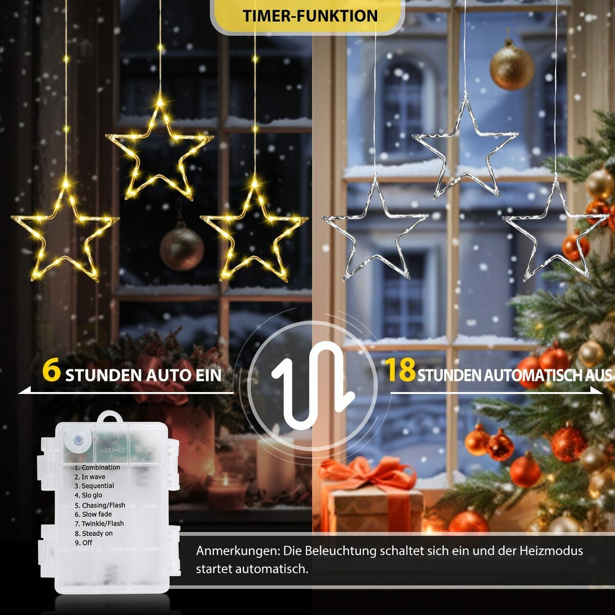 Bild 4 von Elegear Lichterkette 80/120CM Lichtervorhang, Warmweiß & farbig nach Belieben umschaltbar, 60-flammig, mit Haken, Timer/Memory-Funktion, 8 Modi, IP65 Wasserdicht, Batterie