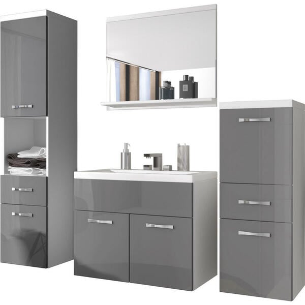 Bild 1 von P & B Badmöbel-Set, Grau, Weiß, 5-teilig, 5 Schubladen, 140x133x35 cm, Fsc, Badezimmer, Badmöbelsets & -serien, Badmöbel-Sets