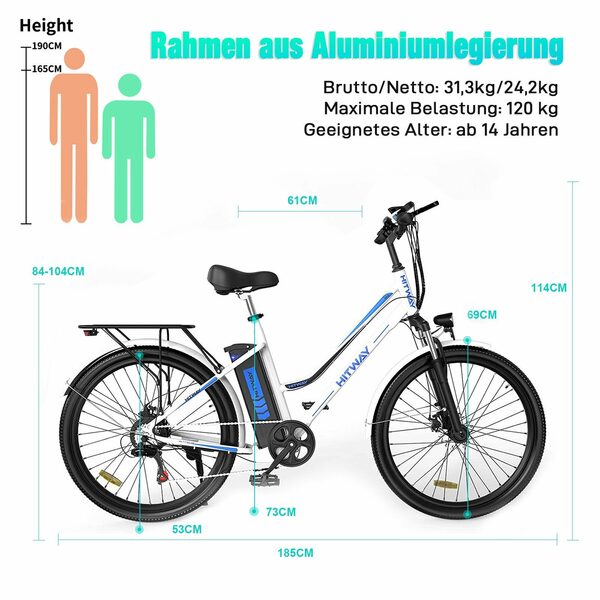 Bild 4 von HITWAY E-Bike 26 Zoll Luftreifen Elektrofahrrad mit 250W,36V/11.2Ah,7 Gängen,StVZO