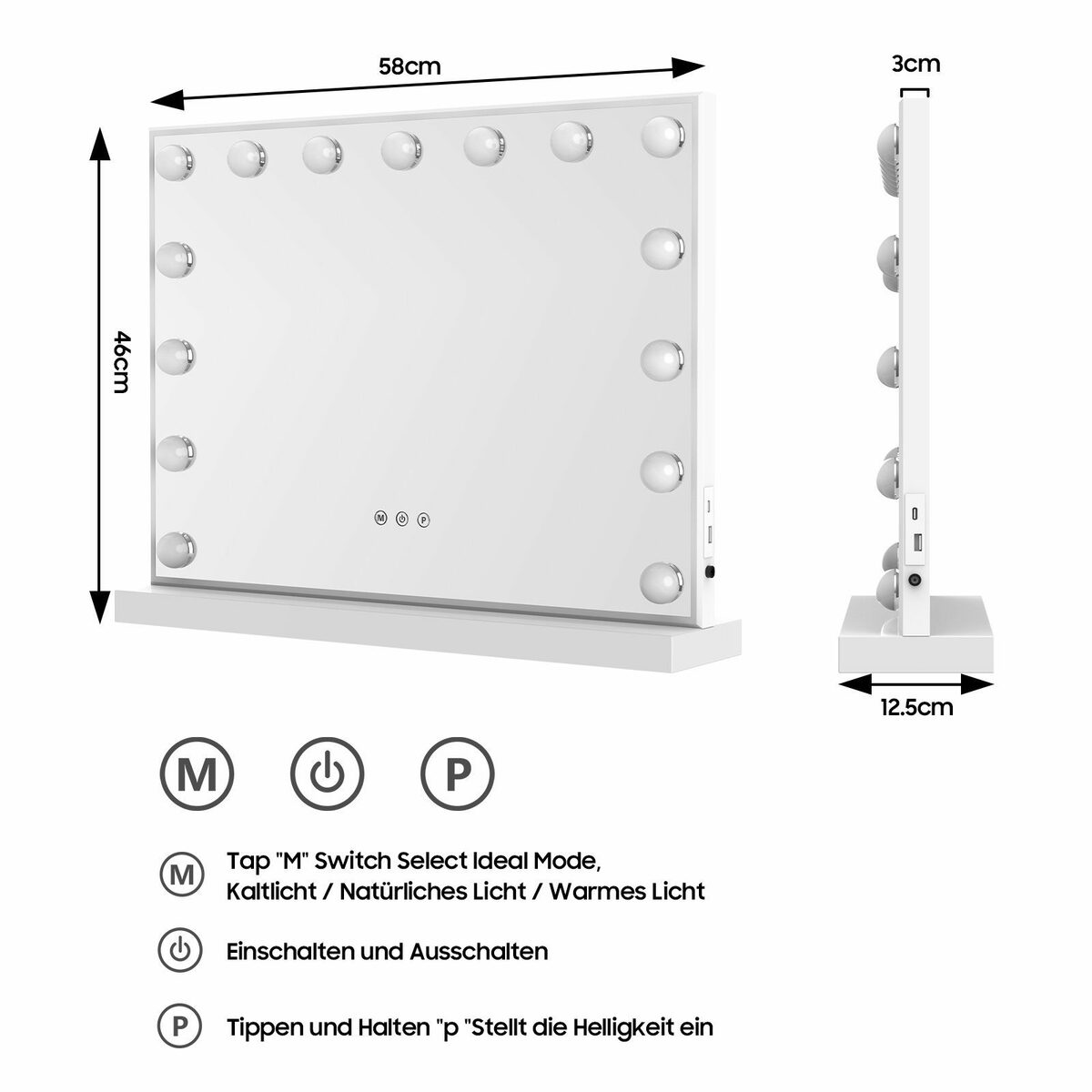 Bild 4 von Aoucheni Schminkspiegel Kosmetikspiegel mit Beleuchtunggroßer Make-up-Spiegel Hollywood (mit 15 dimmbaren Glühbirnen, 3 Farbmodi, Smart Touch Control, Spiegel-Tischplatte mit Plug-in- und USB&