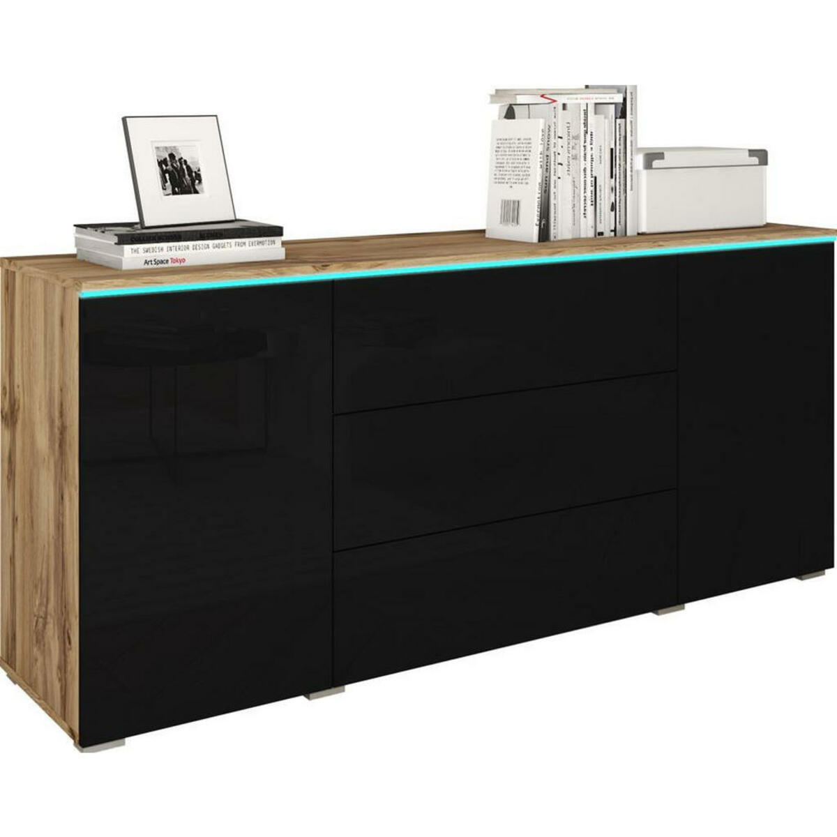 Bild 1 von P & B Sideboard, Eiche Wotan, Schwarz Hochglanz, Holzwerkstoff, 2 Fächer, 3 Schubladen, 150x67.9x39.5 cm, Fsc, stehend, Beleuchtung, Wohnzimmer, Kommoden & Sideboards, Sideboards