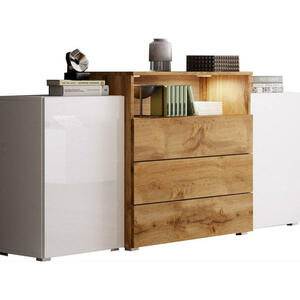 P & B Sideboard, Weiß, Eiche Wotan, Holzwerkstoff, 2 Fächer, 3 Schubladen, 150x68.7x32.5 cm, Fsc, stehend, Beleuchtung, Wohnzimmer, Kommoden & Sideboards, Sideboards