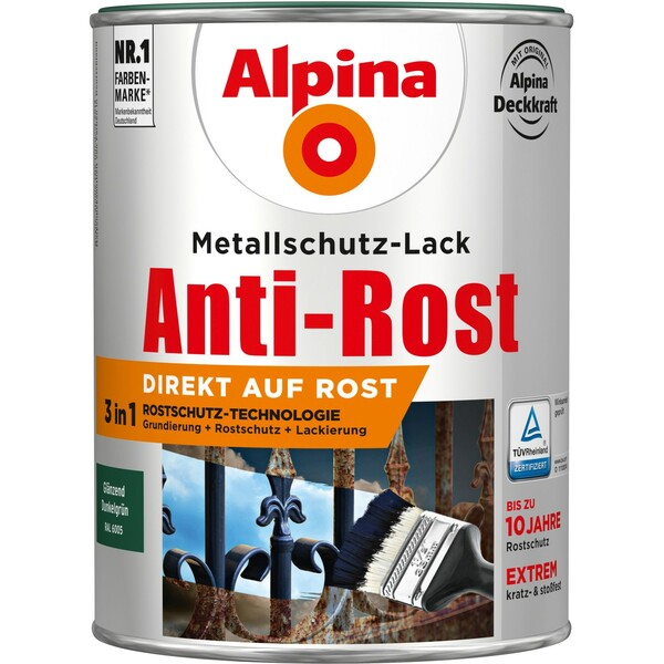 Bild 1 von Alpina Metallschutz-Lack Anti-Rost Dunkelgrün glänzend 2,5 Liter