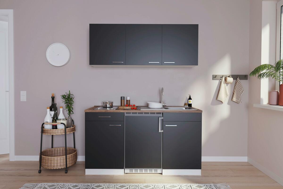 Bild 1 von Miniküche Economy m. Geräten 150 cm Schwarz/ Nussbaum Dekor, Schwarz
