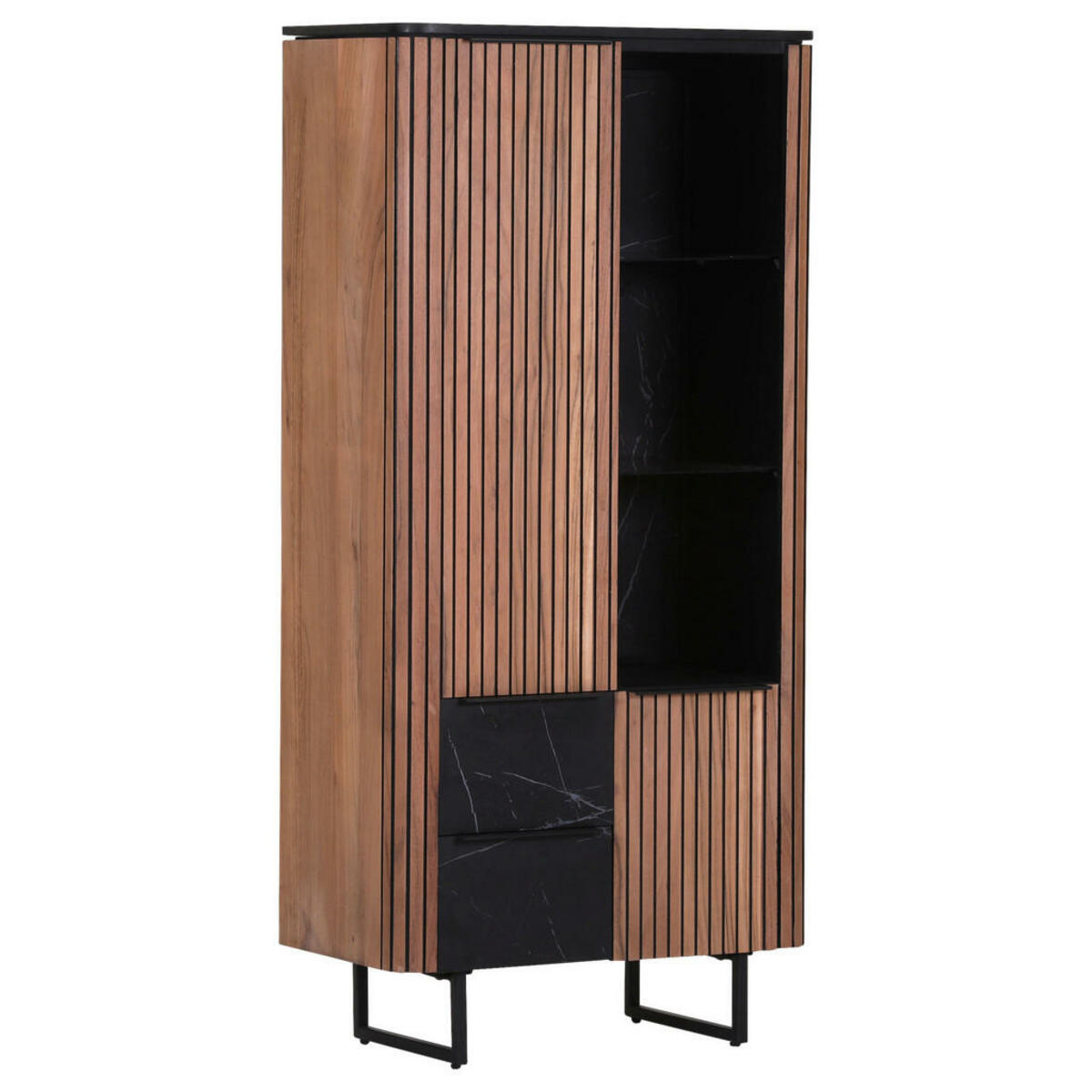 Bild 1 von Landscape Vitrine, Natur, Akazie, Schwarz, Metall, furniert, 4 Fächer, 2 Schubladen, 75x160x42 cm, Beimöbel erhältlich, Beleuchtung, Wohnzimmer, Wohnwände, Vitrinenschränke