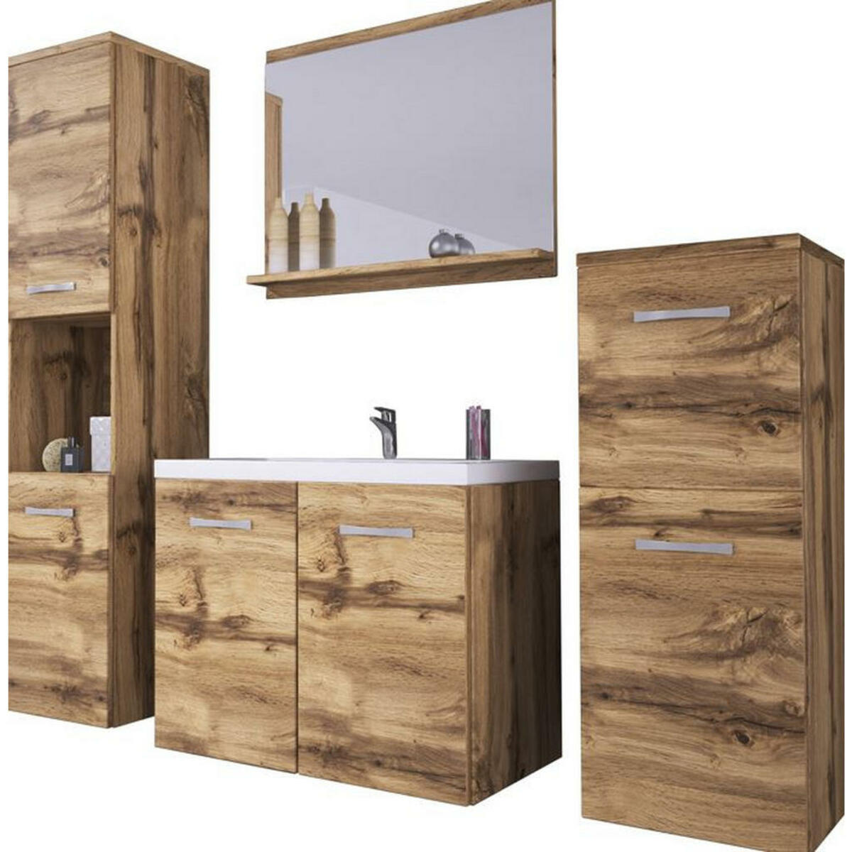 Bild 1 von P & B Badezimmer, Eiche Wotan, Kunststoff, 5-teilig, 3 Fächer, 0 Schubladen, 140x133x35 cm, Fsc, hängend, Spiegel mit Ablage, Badezimmer, Badmöbelsets & -serien, Badmöbel-Sets