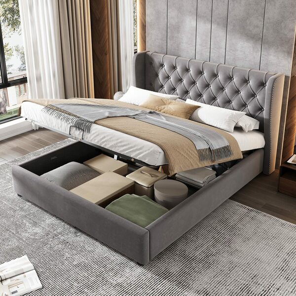 Bild 1 von OKWISH Polsterbett Doppelbett Stauraumbett (Hydraulisch anhebbarer Bettstauraum), mit Lattenrost und Bettkasten, 140 x 200 cm