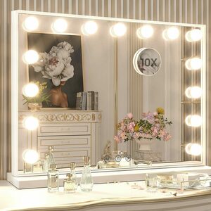 Aoucheni Schminkspiegel Kosmetikspiegel mit Beleuchtunggroßer Make-up-Spiegel Hollywood (mit 15 dimmbaren Glühbirnen, 3 Farbmodi, Smart Touch Control, Spiegel-Tischplatte mit Plug-in- und USB&