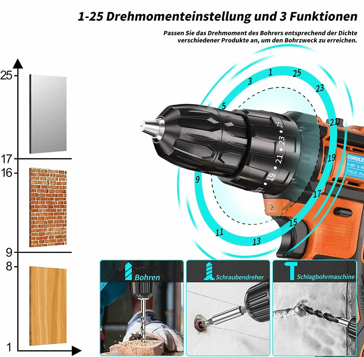 Bild 4 von EUARY Akku-Schraubendreher Akkuschrauber Akku-Schraubendreher 21V-Akku-Bohrschrauber-Set, 1200,00 U/min, (2-Gang), Universal Drill zwei 21 V Batterien, 1200 U/min, 45,00 Nm, Drehmoment