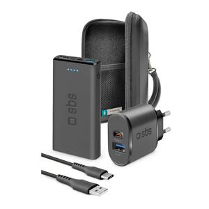 Reise-Kit mit Organizer, Powerbank, Wandladegerät und USB-USB-C-Kabel Schwarz