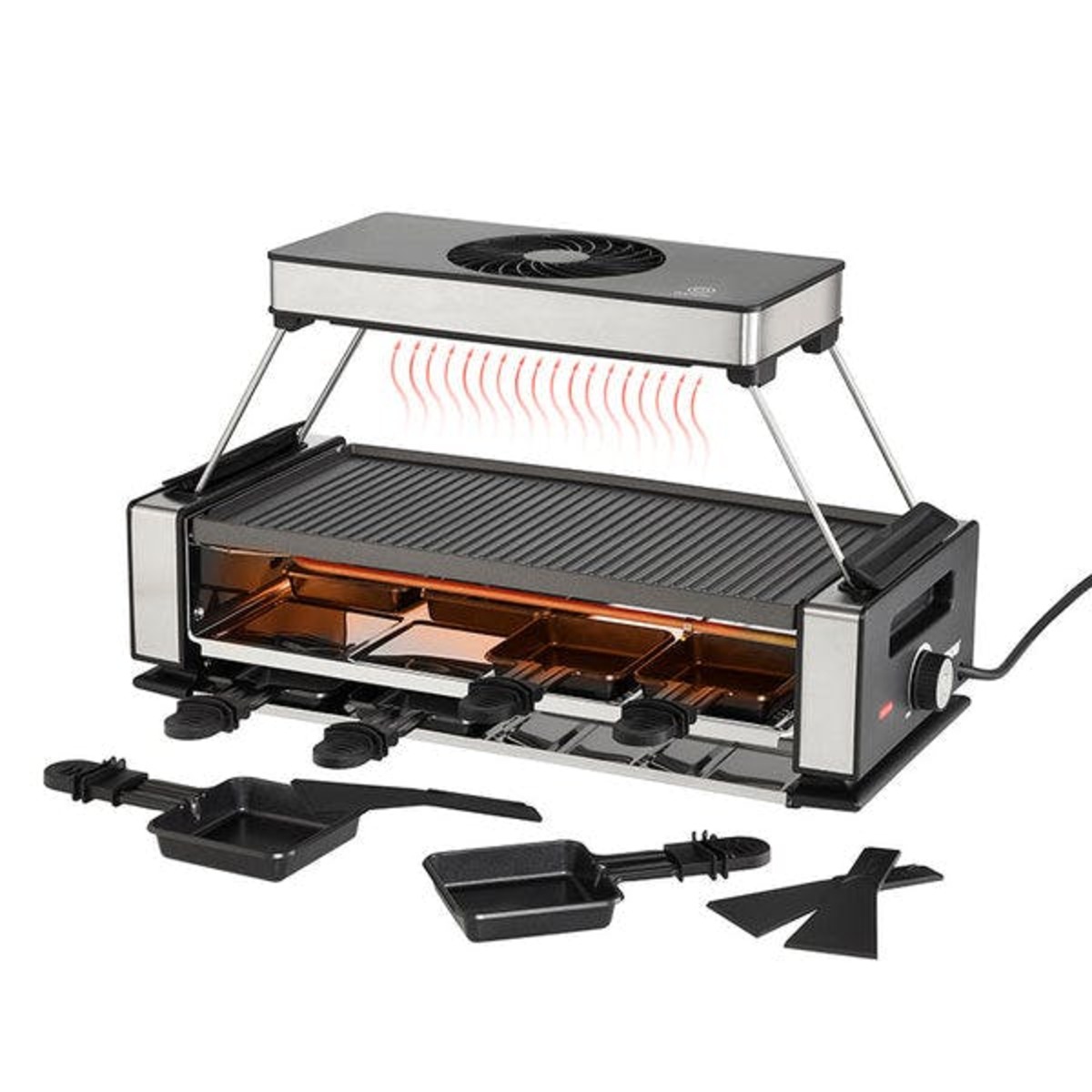 Bild 1 von Unold 48785 RACLETTE Smokeless Rauchfreier Raclette-Grill für 8 Personen mit Dunstabzugshaube, wendbarer Antihaft-Grillplatte, Edelstahl/Aluminium