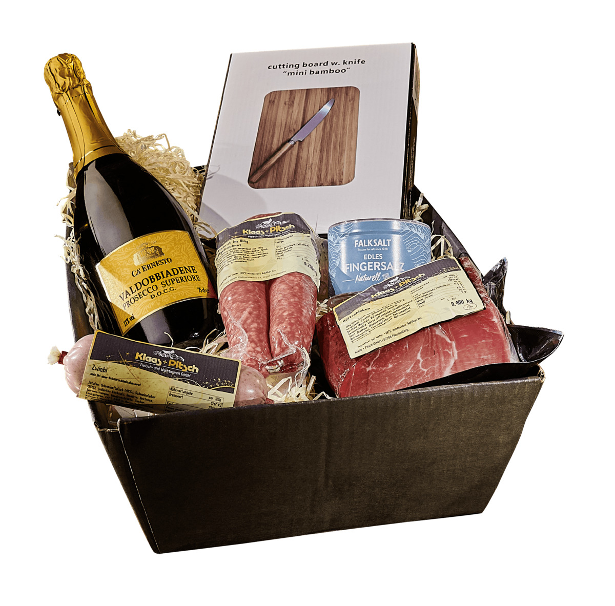 Bild 1 von Klaas + Pitsch Präsentkorb "Genussmomente", 5 verschiedene Spezialitäten + Holzbrett