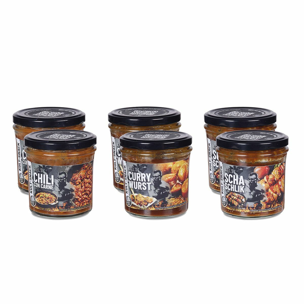 Bild 1 von AXELs 2x Currywurst 2x Schaschlik 2x Chili con Carne Inhalt 1.500g