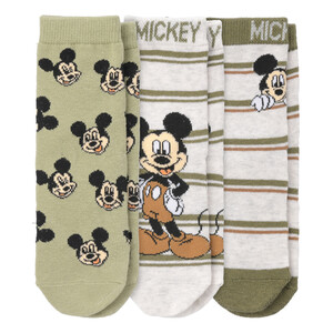 3 Paar Micky Maus Socken mit Motiv-Mix HELLGRAU / OLIV