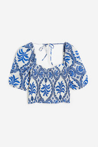 H&M Gesmokte Bluse Weiß/Blau gemustert, Tops in Größe XL. Farbe: White/blue patterned