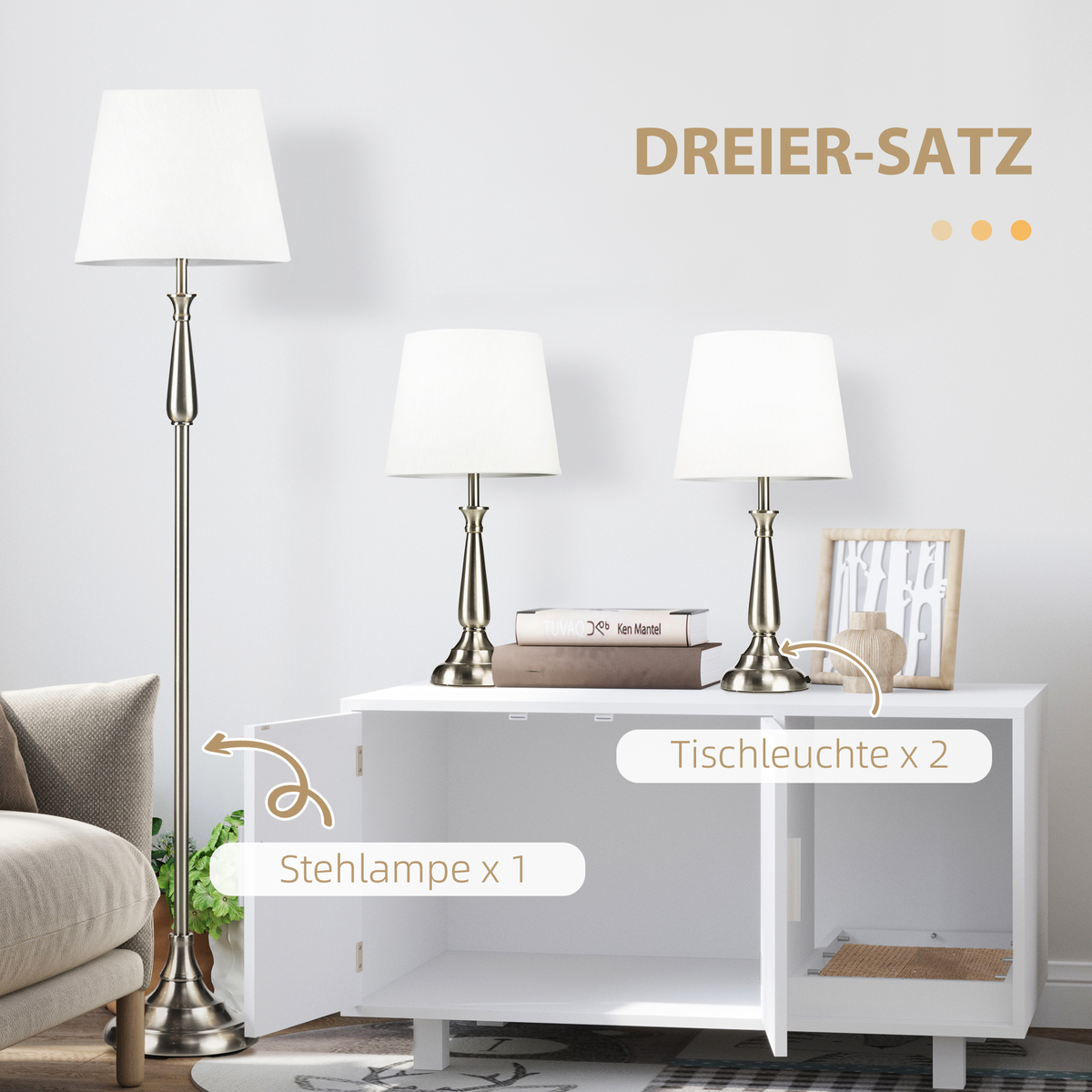 Bild 4 von HOMCOM Lampenset inkl. 2 Tischleuchte, 1 Stehlampe im Vintage-Design Creme