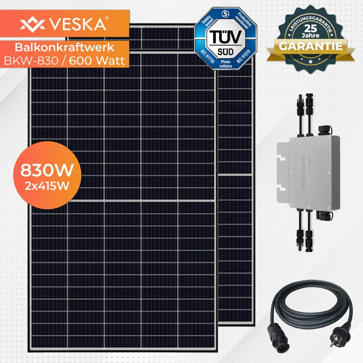 Bild 1 von VESKA Balkonkraftwerk 830 W / 600 W Photovoltaik Solaranlage Steckerfertig WIFI Smarte Mini-PV Anlag