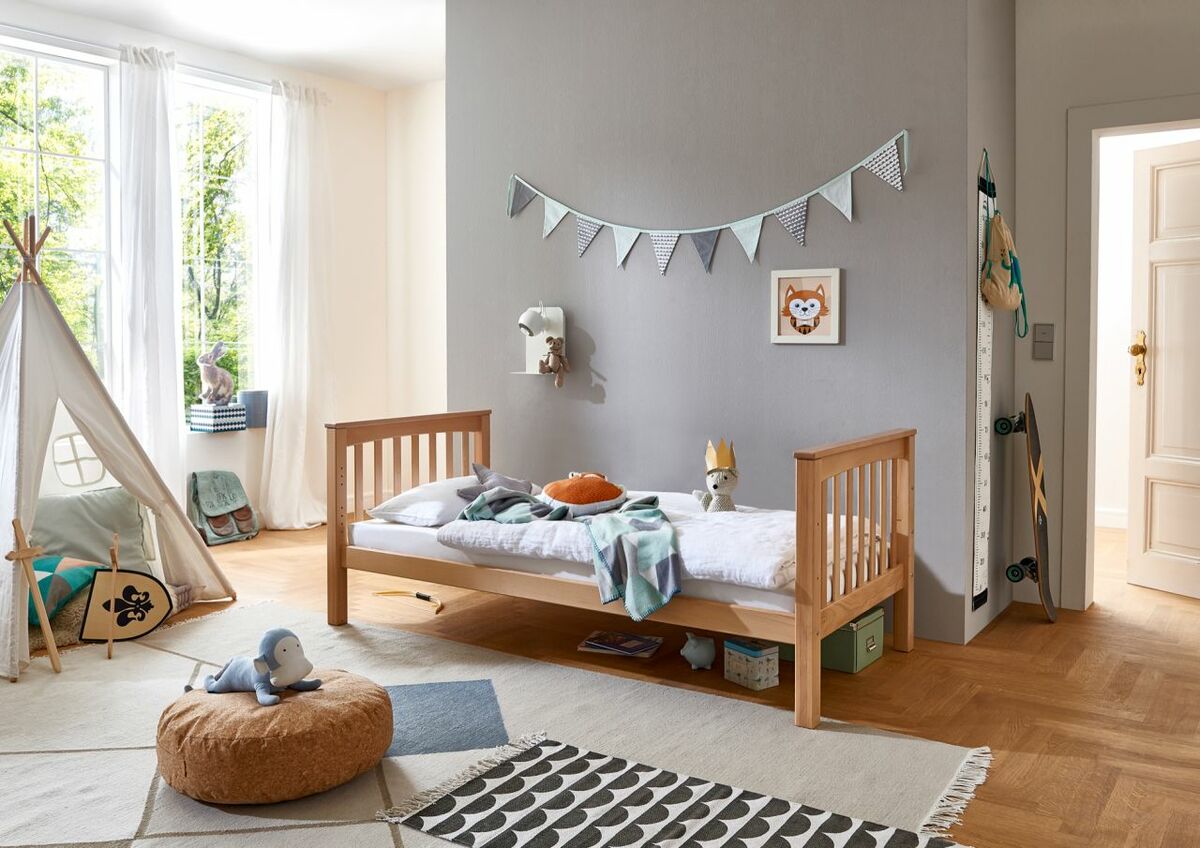 Bild 1 von Relita Einzelbett Kick 90 x 200 cm Liegefläche mit Lattenrost, Buche massiv natur lackiert