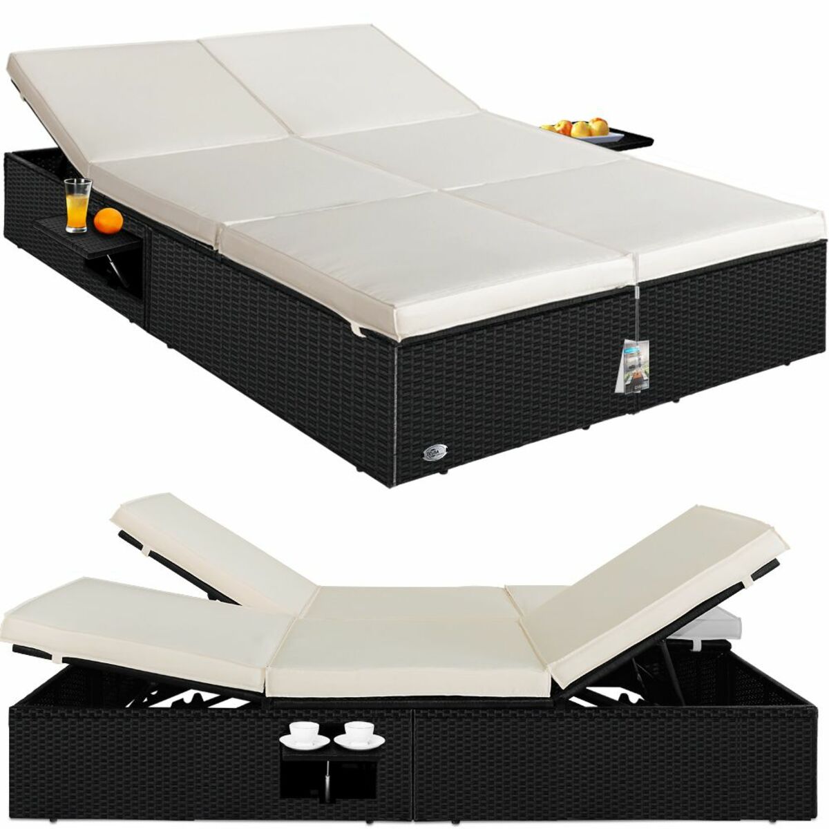 Bild 1 von Casaria® Sonnenliege Polyrattan Doppelliege 193 x 116 x 38cm schwarz/creme