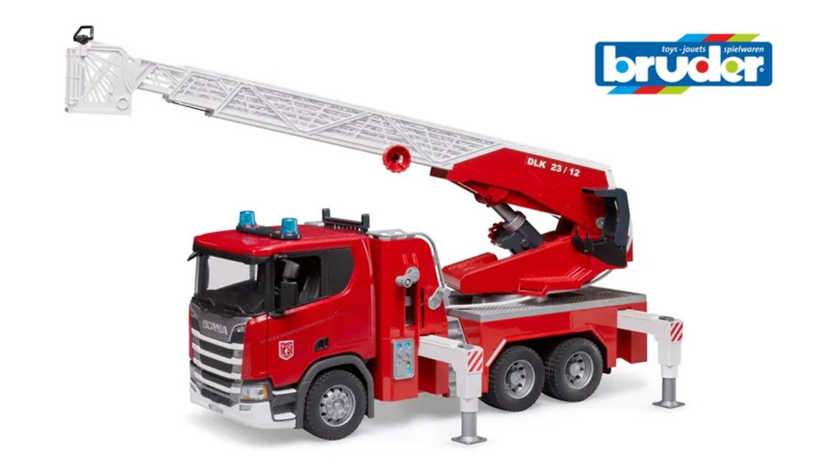 Bild 1 von BRUDER - Scania Super 560R Feuerwehr mit Drehleiter, Wasserpumpe und Light + Sound-Modul
