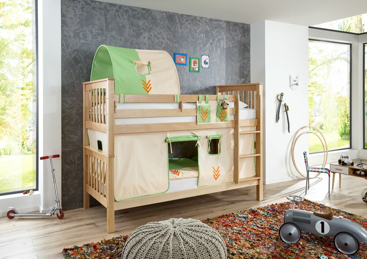 Bild 1 von Relita Etagenbett Kick Buche massiv natur lackiert mit Textilset best. aus Vorhang, 1-er Tunnel und