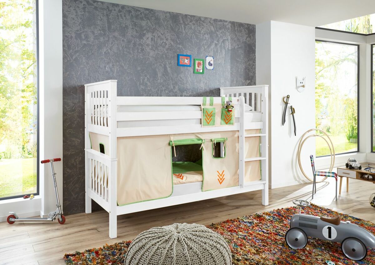 Bild 1 von Relita Etagenbett Kick Buche massiv weiß lackiert mit Textilset best. aus Vorhang und Tasche, Farbe