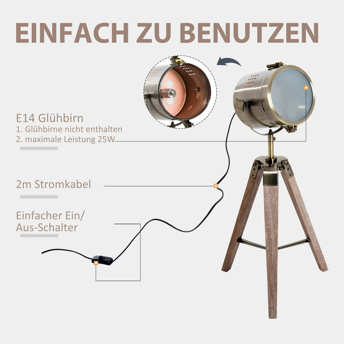 Bild 4 von HOMCOM Tischleuchte Scheinwerfer Stehlampe Tripodlampe E14 Retroleuchte Dreibein Edelstahl 33x33x65c