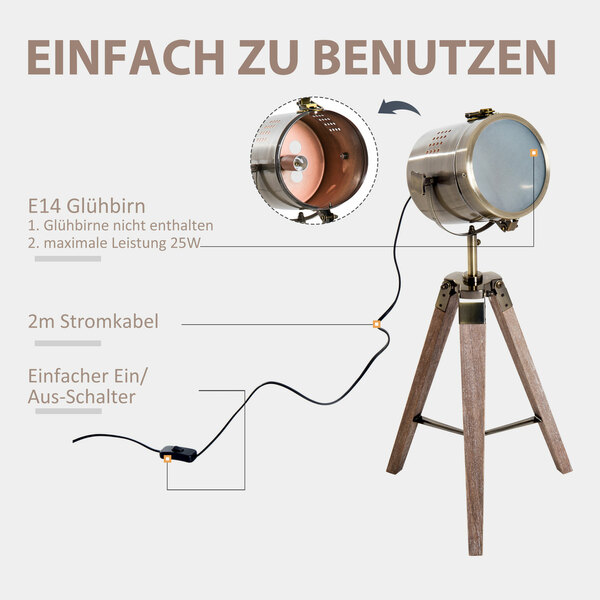 Bild 4 von HOMCOM Tischleuchte Scheinwerfer Stehlampe Tripodlampe E14 Retroleuchte Dreibein Edelstahl 33x33x65c